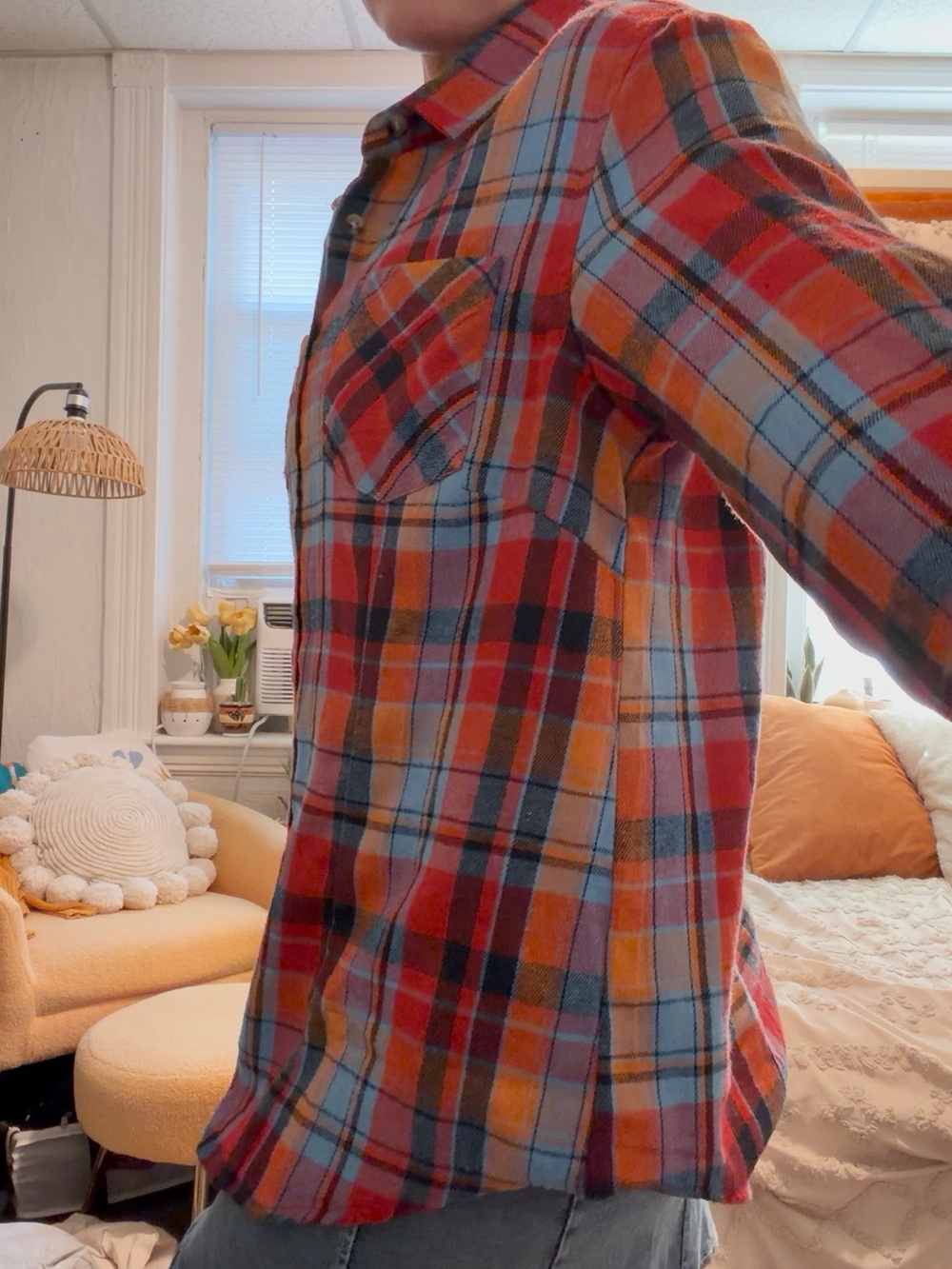 Casual Red, Orange & Blue Plaid Boyfriend Button-Up Flannel Shirt | Size S - Picture 7 of 7